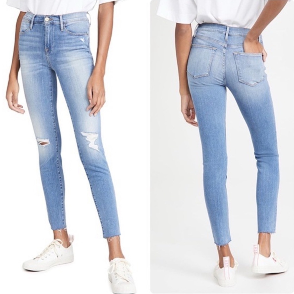 Frame Denim Women’s Le High Skinny Jeans Fanning Rips Size 26 Distressed Raw Hem